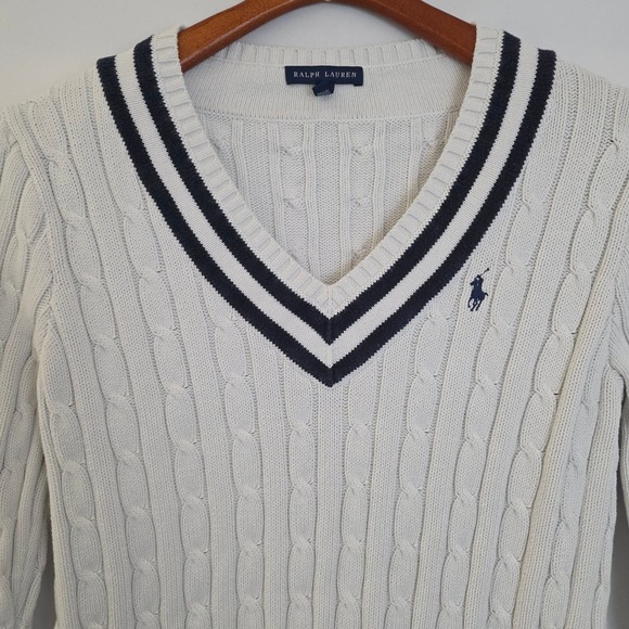 Ralph Lauren Sweaters - VTG Ralph Lauren Womens Cable Knit Cricket Sweater White Navy V-Neck READ 4 SIZE